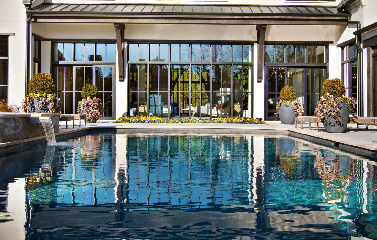 Steel windows overlooking pool