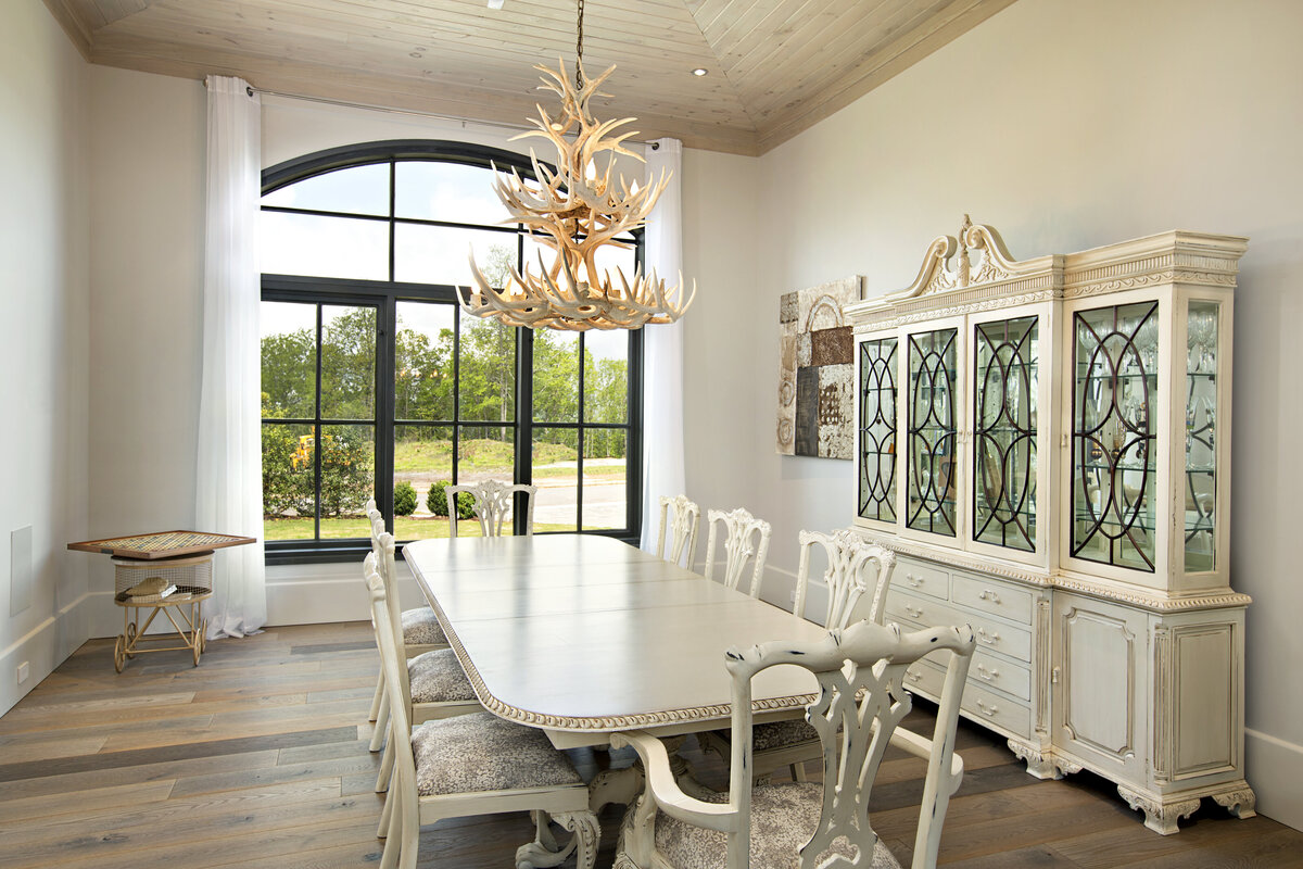 Steel windows in formal dining room