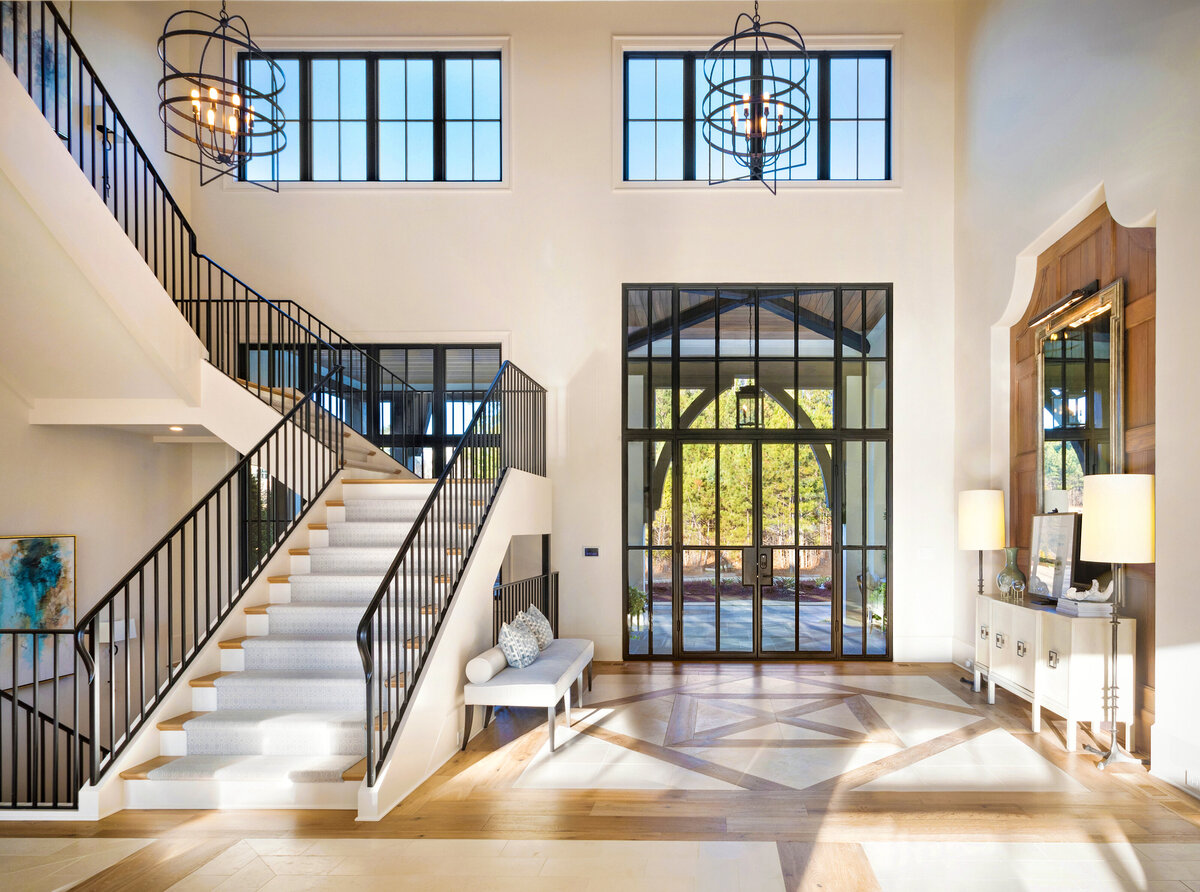 Steel entry door in luxury foyer