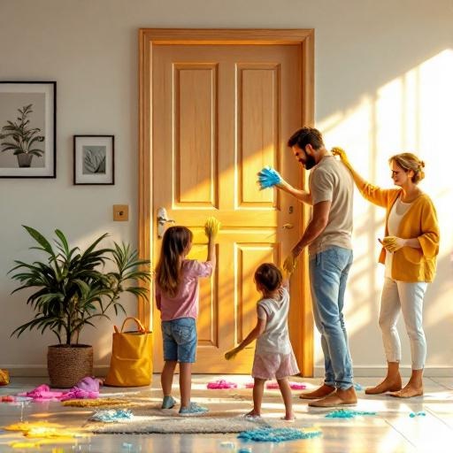 Family inspecting a well-maintained steel door in a Texas home