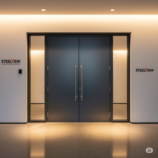 Commercial building with installed fire rated steel doors meeting code requirements