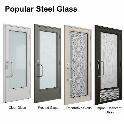 Various glass insert options for steel entry doors showing clear, obscure, decorative, and impact-resistant designs