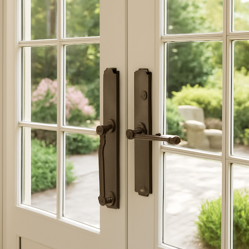 Premium French door hardware options including handles, hinges, and locking mechanisms
