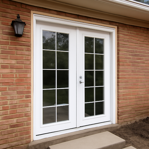 Professional installing steel french doors in modern home entryway